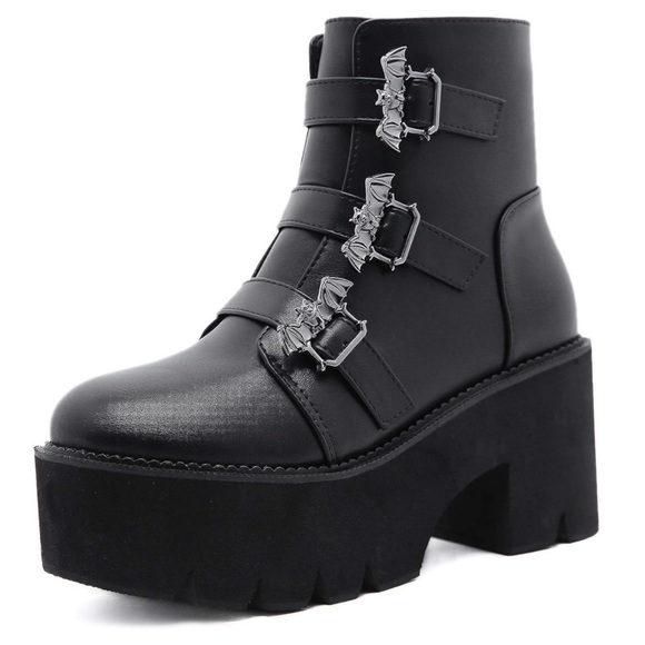 Trendy Black Goth Platform Ankle Boots with Bat Wing Buckles Chunky Block Heels - Picture 1 of 5